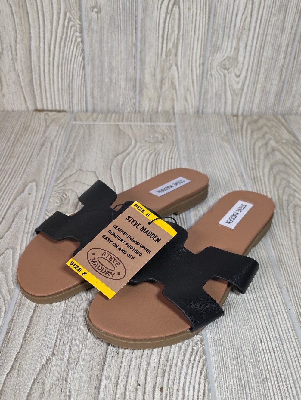 Steve Madden Roceen Black Leather Slide Sandals Womens Size 8 NWT - Picture 11 of 11